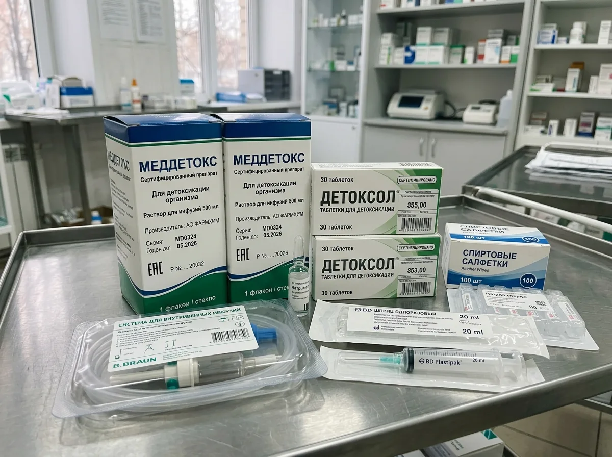 Коробки с сертифицированными медицинскими препаратами для детоксикации, аптечная упаковка с маркировкой, стерильные одноразовые расходники