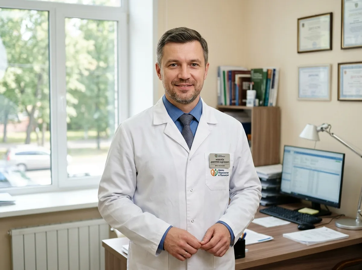 Портрет врача-нарколога Ковалёва Дмитрия Андреевича, мужчина средних лет в медицинском халате, уверенный взгляд, светлый кабинет