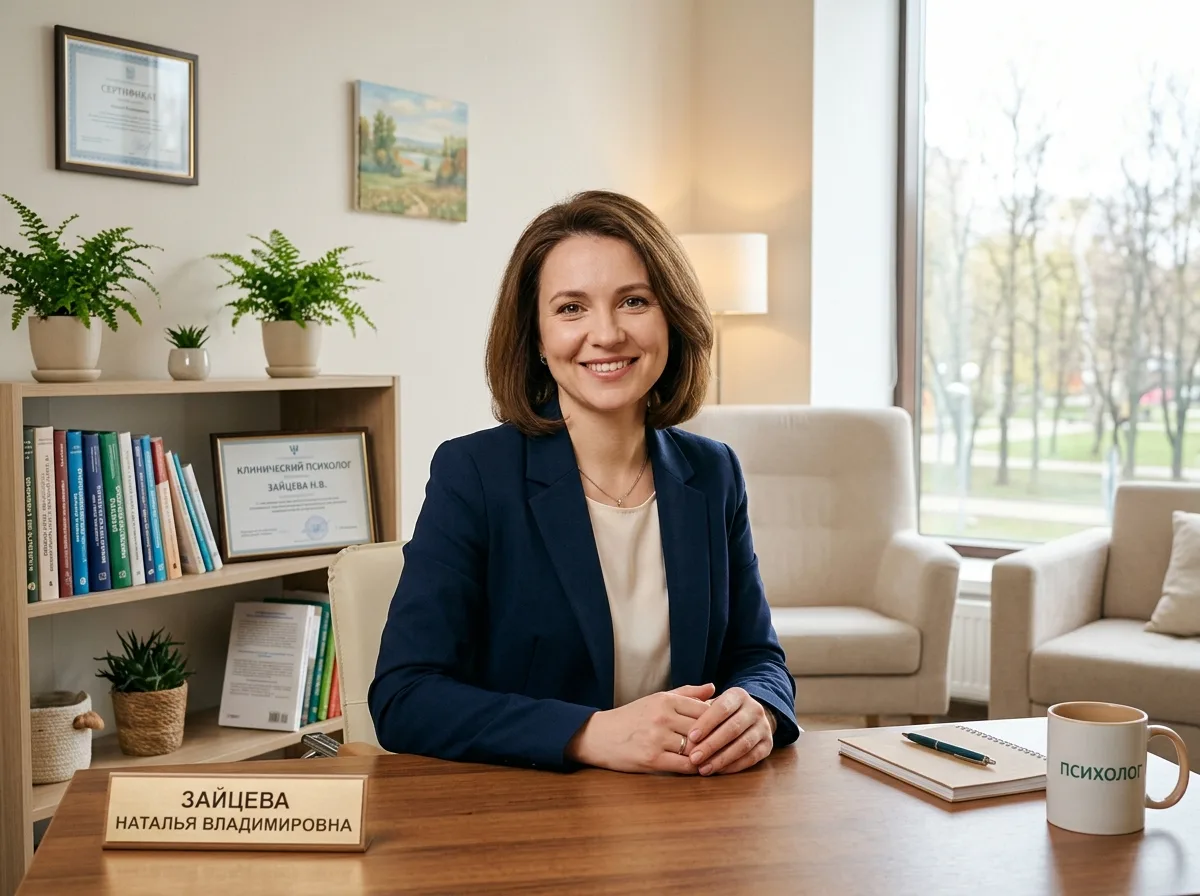 Портрет клинического психолога Зайцевой Натальи Владимировны, женщина 35–40 лет в деловой одежде, располагающая улыбка, светлый профессиональный офис